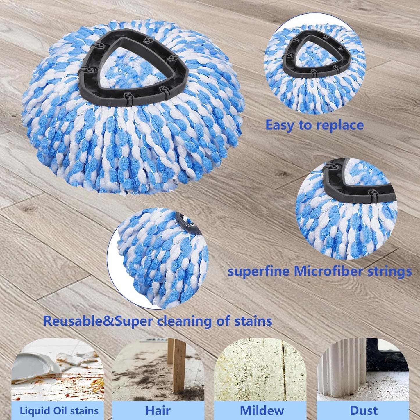 4 Pcs Mop Replace Heads & 1 Scrub Brush & 1 Base Combo for Ocedar Easywring 2-Tank System Microfiber Spin Mop Replacement Head,Machine Washable for Bathroom,Kitchen,Tub and Tile(Blue)