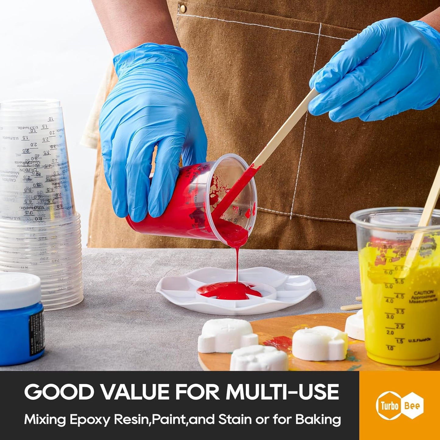 Turbo Bee Plastic Measuring Cups 8OZ,100 PACK Disposable Mixing Cups with 100 Mixing Sticks,Paint Graduated Measuring Tumblers for Epoxy Resin, Paint Mixing, Art DIY