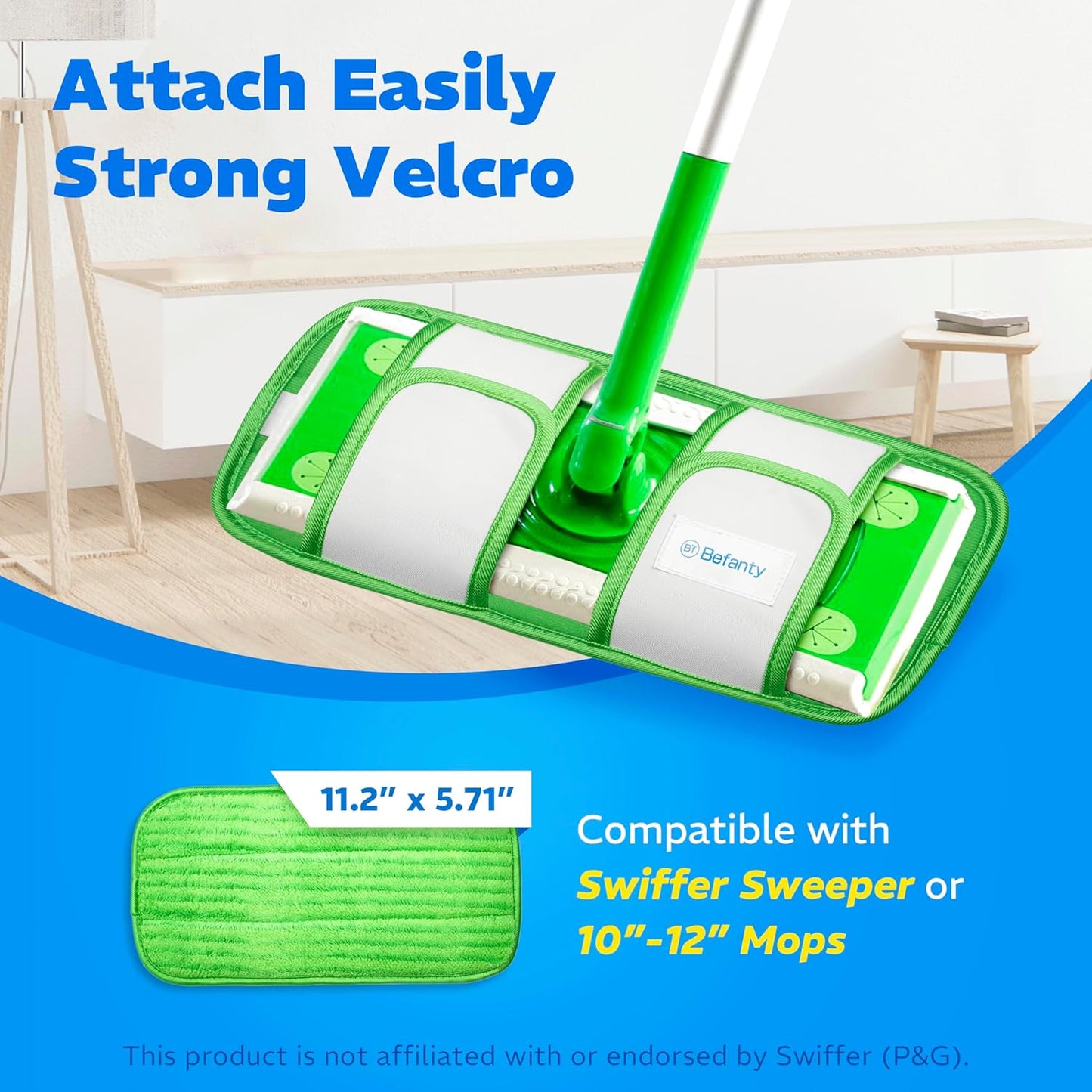 2 Pack Reusable Microfiber Mop Pads, Compatible with Swiffer Sweeper, Machine Washable Cloths, Refills for All Floor Cleaning, Hook and Loop, Wet Dry - 10"- 12"