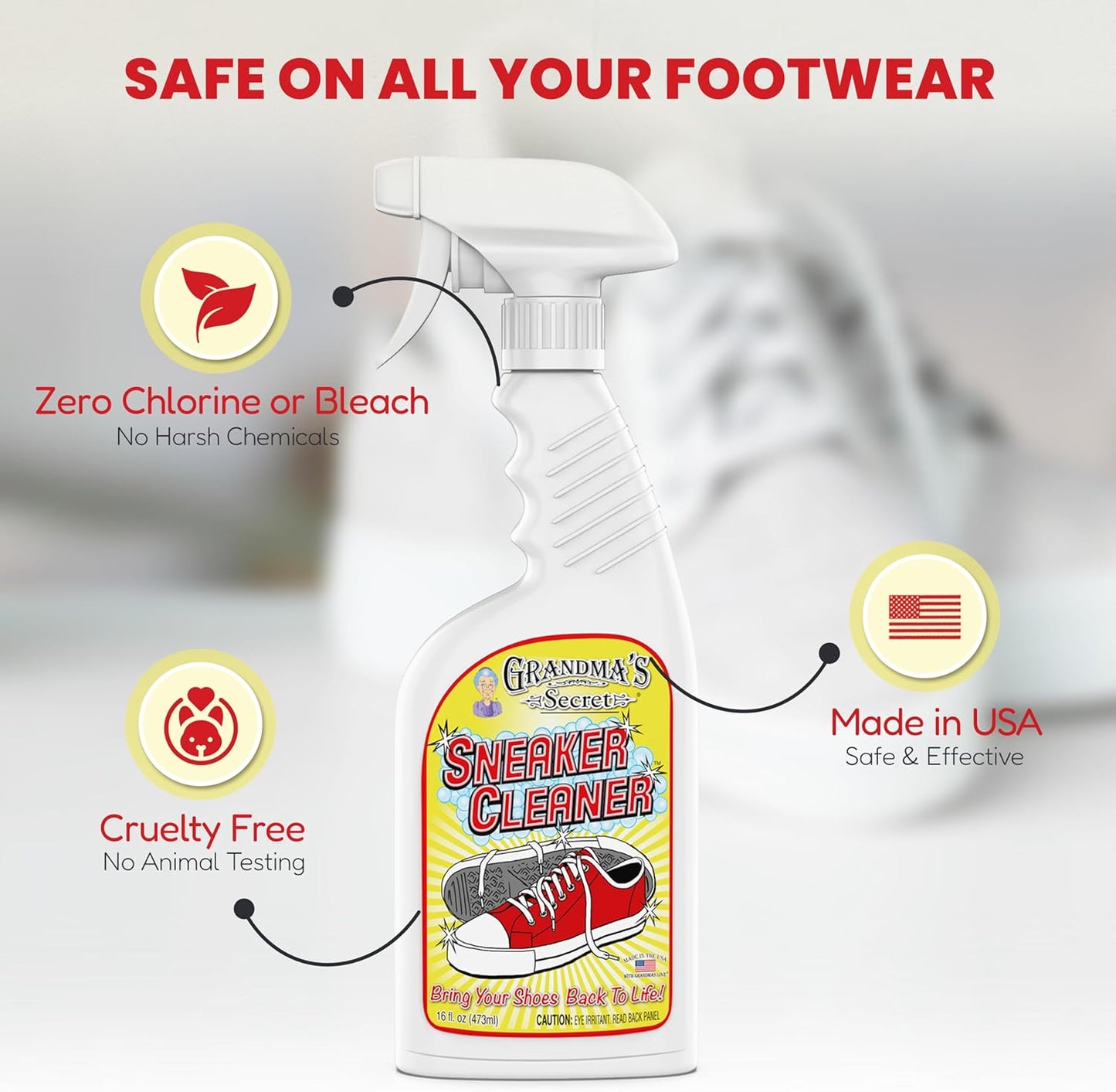 Grandma's Secret Sneaker Cleaner for Rubber, Canvas, Leather - Stain Remover Spray Removes Dirt, Grime, Grass - Shoes Cleaner for Outdoor Slippers, Moccasins - 16 oz, 2 Pack
