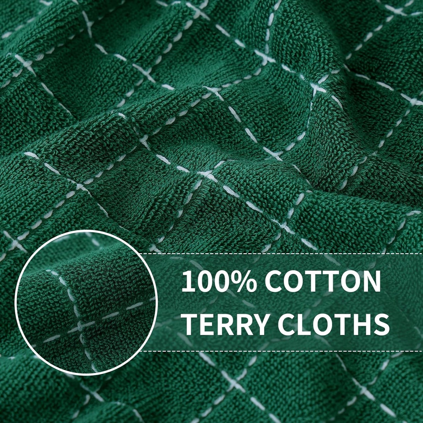 Homaxy 100% Cotton Terry Kitchen Towels(Dark Green, 13 x 28 inches), Checkered Designed, Soft and Super Absorbent Dish Towels, 8 Pack