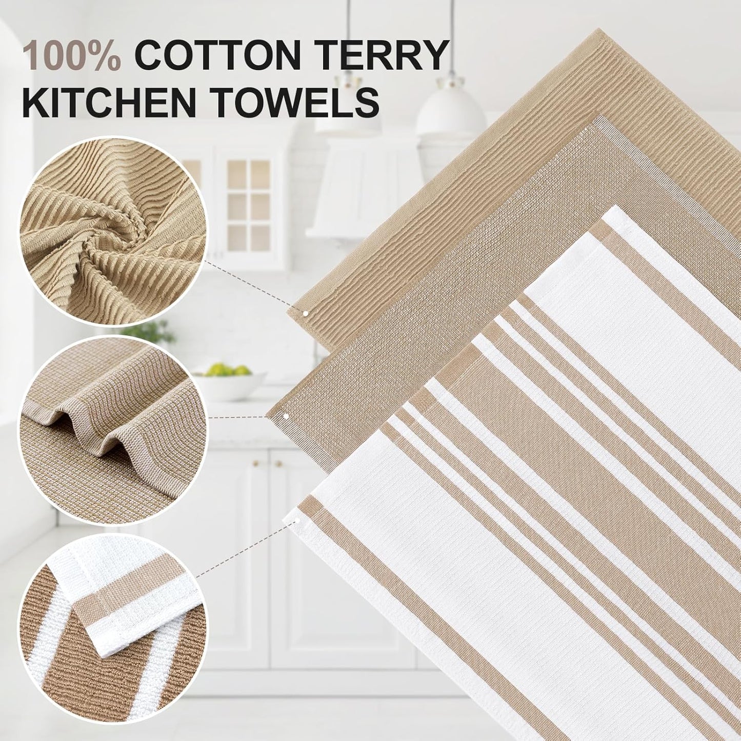 Homaxy Premium Kitchen Towels(18”x 28”, 12 Pack), Large Cotton 380 GSM Kitchen Hand Towels, Soft and Absorbent Terry Dish Towels, Multipurpose Tea Towel Set with Hanging Loop, Khaki