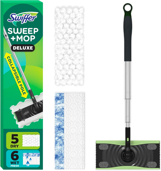 Swiffer Sweep & Mop Deluxe 2-in-1 Floor Mopping and Sweeping Kit, Multi-Surface Kit for Floor Cleaning, Includes 1 Sweeper Device, 5 Heavy Duty Dry Sweeping Cloths, 6 Heavy Duty Wet Mopping Cloths