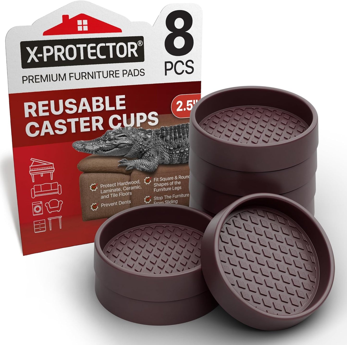 Furniture Cups X-PROTECTOR – 2.5" Caster Cups 8 PCS – Round Furniture Coasters – Ideal Bed Stoppers – Non Skid Furniture Pads with a Perfect Design – Rubber Furniture Pads - Protect Any Flooring!