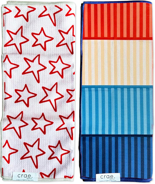 2 Double Sided Microfiber Hand Towels, 17x27 Inches Waffle Design Kitchen Towels Set, Durable & Soft Fast Drying Hand Wash Cloth, Everyday Dishcloth Use at Home (Stars & Stripes - Red, Blue, Cream)