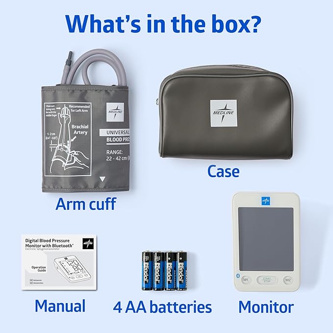 Medline Bluetooth Blood Pressure Monitor, Universal Upper Arm Cuff, Digital LCD Display, Health App Integration, Stores Up to 120 Readings, Carrying case and Batteries Included