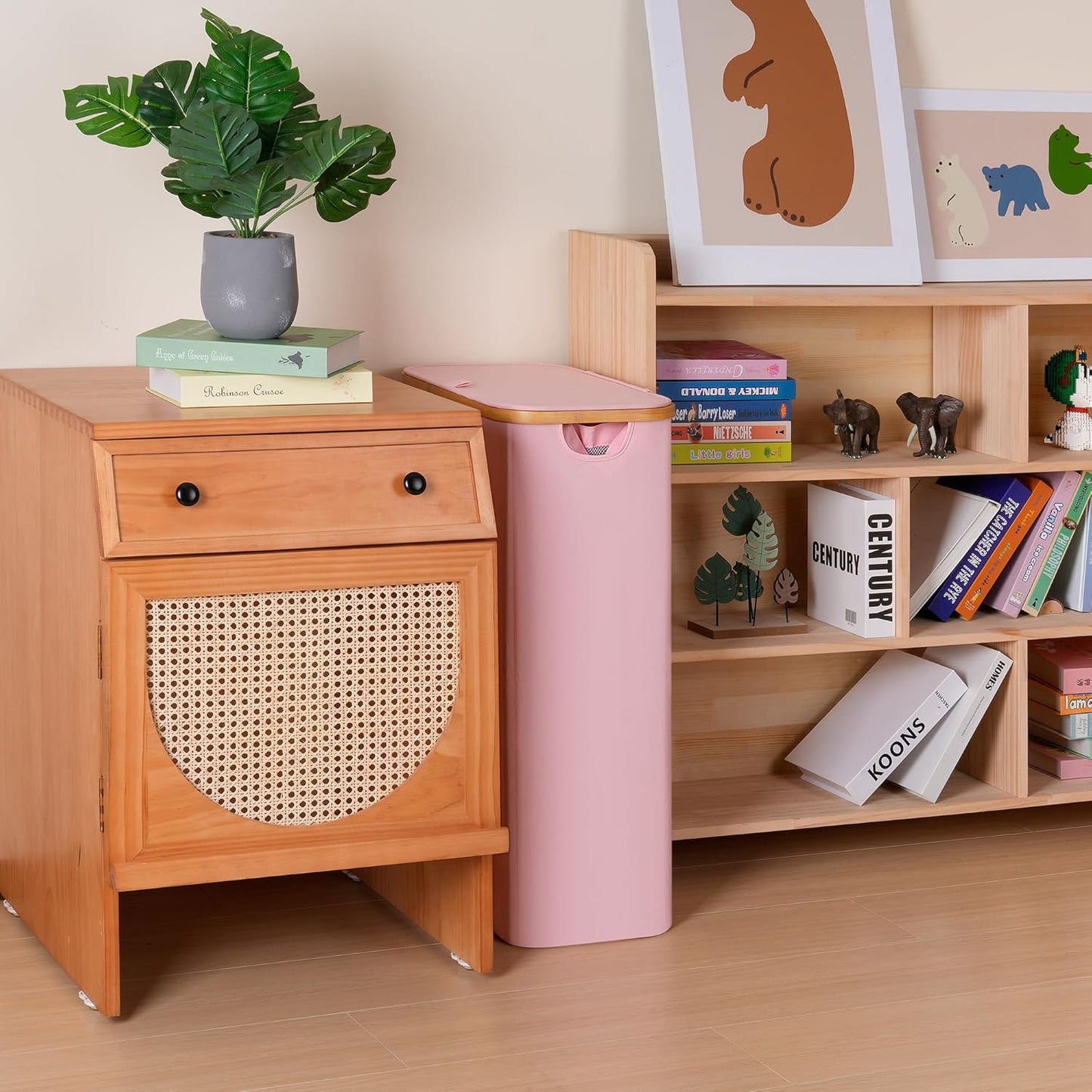 100L Laundry Hamper with Lid, Lagre Basket with Bamboo Handles,Foldable Clothes Hamper Tall Dirty Laundry Basket for Clothes Toys Towels Organizing,Pink