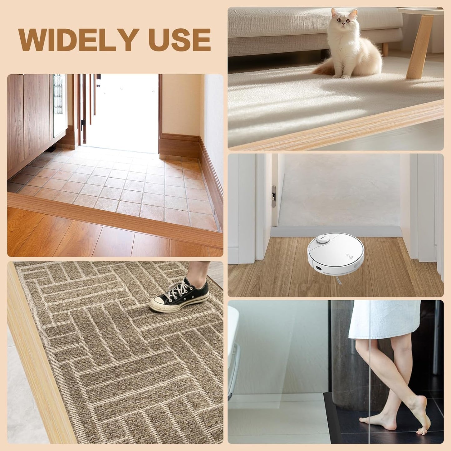 Floor Transition Strip Vinyl Door Threshold Ramp Self Adhesive Carpet Edging Strip Doorway Edge Trim, Overlap Edge Reducer for Laminate Carpet, Floor, Tile (Light Yellow Grain, 1/5" to 2/5", 6.6Ft)