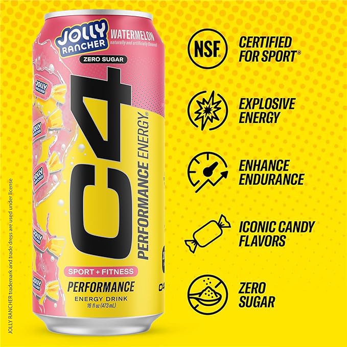 Cellucor C4 Performance Energy Drink | JOLLY RANCHER Watermelon | Zero Sugar Carbonated Preworkout Energy | 200mg Caffeine with Beta Alanine | 16 Fl Oz (12 Pack)