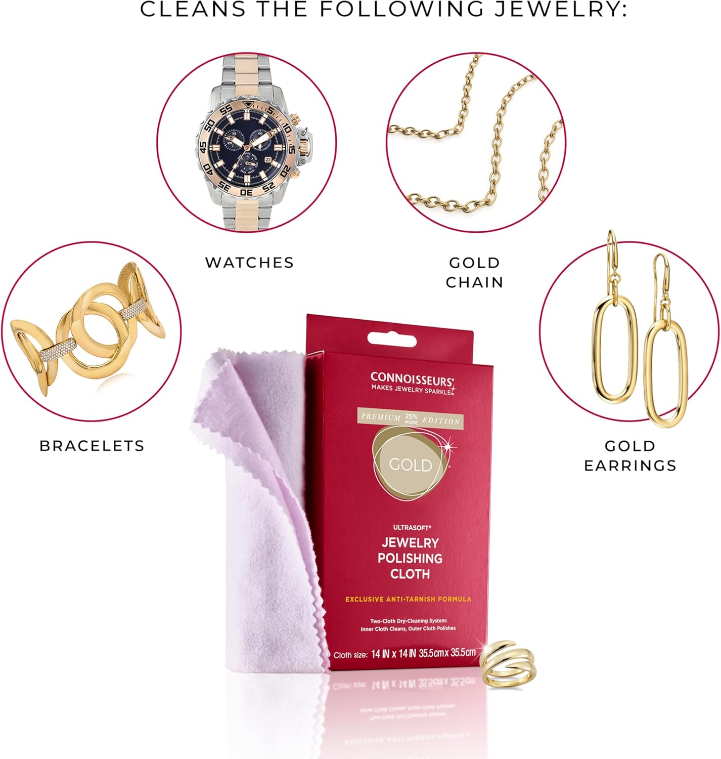 CONNOISSEURS Premium Edition Extra Large Polishing Cloth Bundle for Silver & Gold Jewelry - Ultrasoft Fabric with Anti-Tarnish Formula - (2 Pack) 14x14 Inches