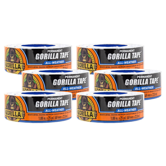 Gorilla All Weather Duct Tape, Black, 1.88" x 25 yd (Pack of 6) - UV and Temperature Resistant Waterproof Tape for Outdoor Repairs