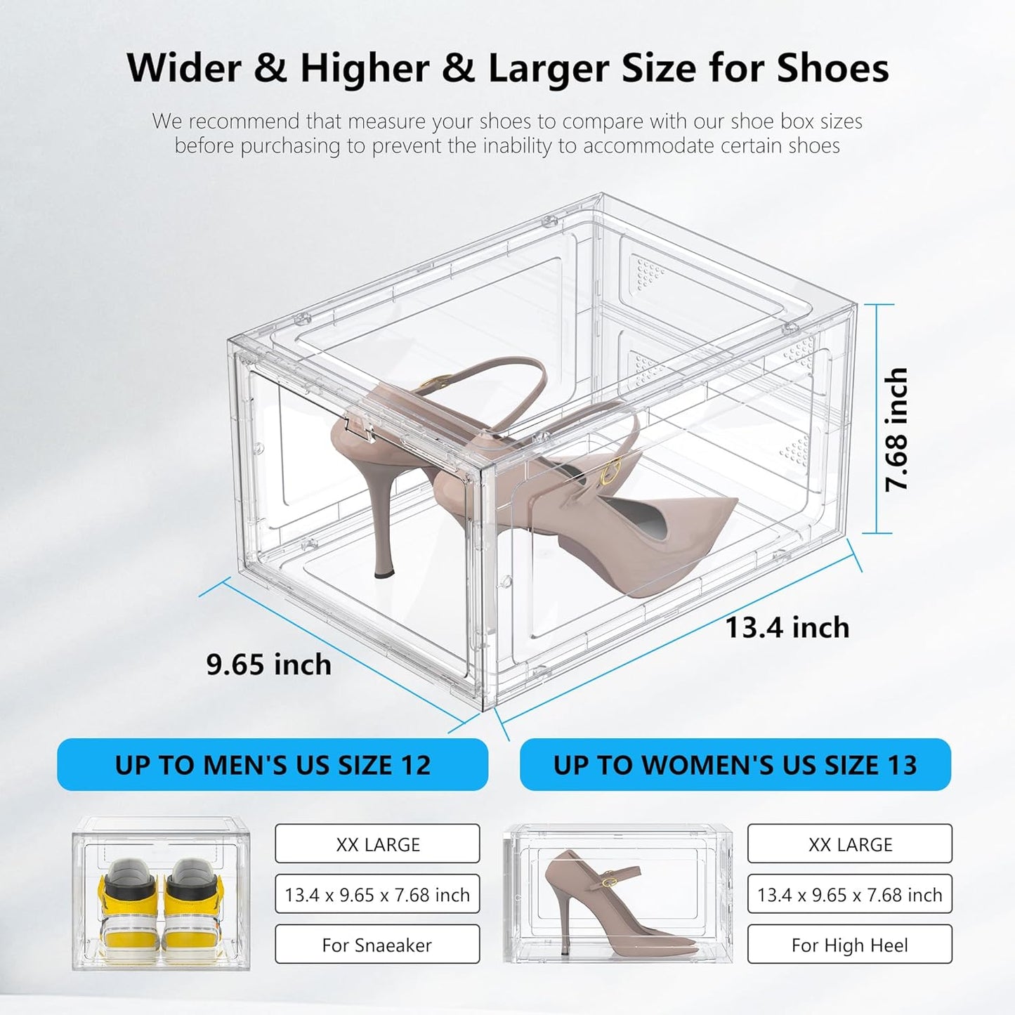 12 Pack Hard Sturdy Thickened Rigid XX Large Shoe Storage Organizer for Closet, Clear Stackable Sneaker Shoe Boxes Rack Containers Display Case Bins with Lids, White