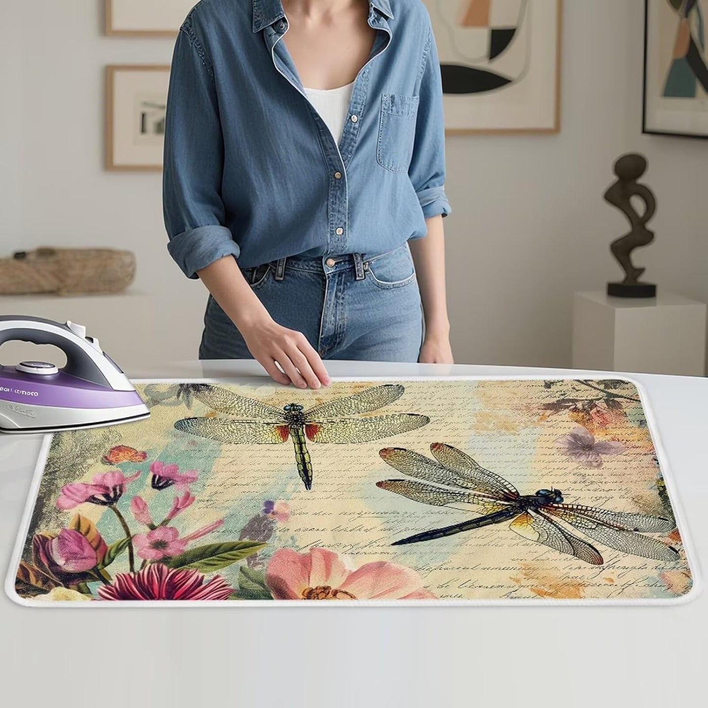 Vintage Ironing Pad Dragonfly Ironing Blanket Thick Travel Iron Pad Heat Resistant Ironing Board Cover for Table Top, Washer, Dryer,32 x 16 Inch Ironing Mats