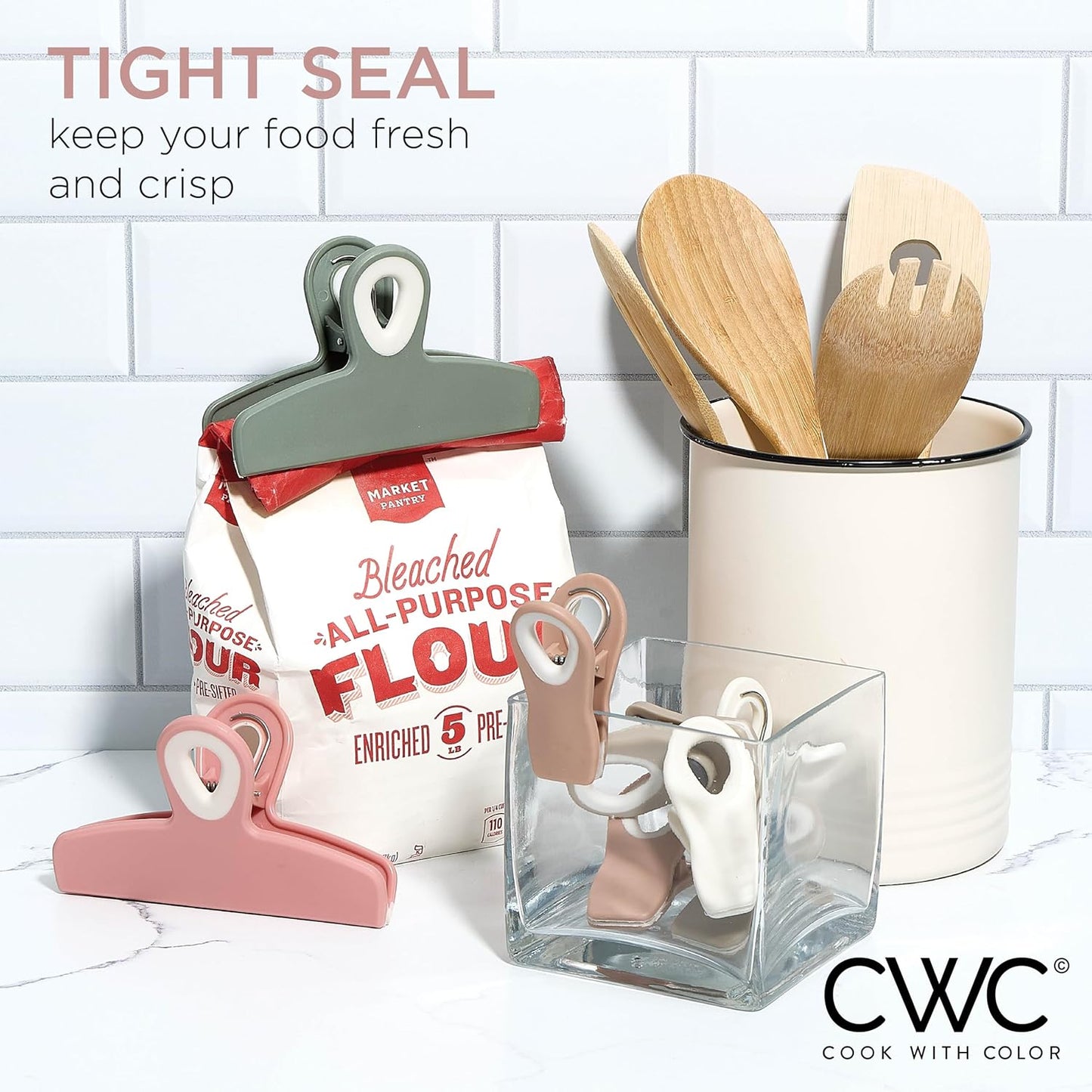 COOK WITH COLOR Bag Clips - Heavy Duty Chip Clip and Refrigerator Magnet Clips for Food Storage with Air Tight Seal Grip, Green and Pink, Pack of 8