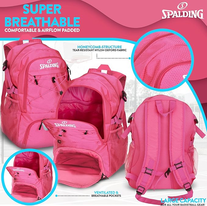 Spalding Basketball Backpack Sports Bag, Pink Backpack with Ball and Shoe Compartment, Use for Basketballs Accessories & Stuff, Basketball Gifts for Players, Pink