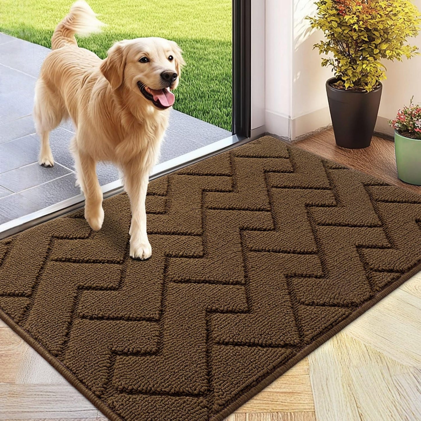 hicorfe Front Door Mat Outside Entrance,24"x35" Absorbent Muddy Dirt Resist Welcome Door Mats Outdoor Indoor,Stain and Fade Resistant,Non Slip Backing Entry Mat Doormat for Entryway (Dark Brown)