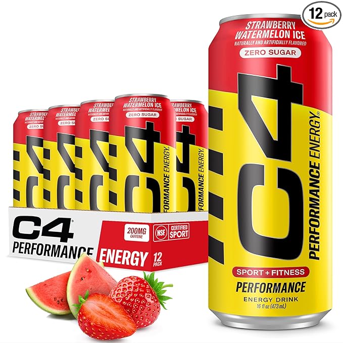C4 Energy Drink 16oz (Pack of 12) - Strawberry Watermelon Ice - Sugar Free Pre Workout Performance Drink with No Artificial Colors or Dyes