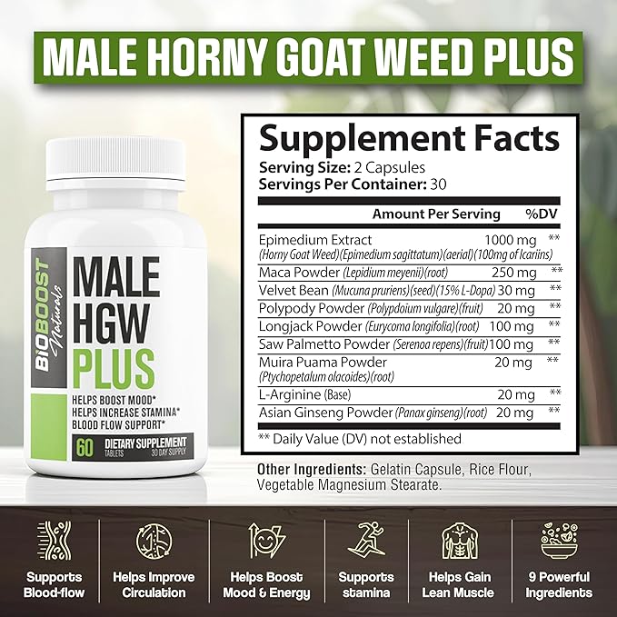 Male Horny Goat Weed PLUS 8 Ingredients - Performance Pills for Men w/ Fast Acting Blood Flow to Boost Energy, Gain Muscle, Assist Circulation | 9 Smart Ingredients | 3rd Party Tested - 60 Capsules
