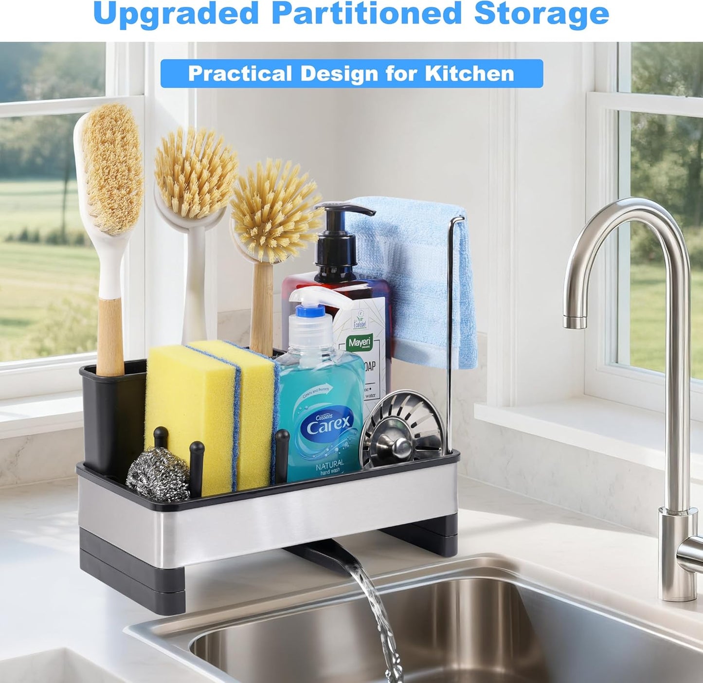 Stainless Steel Sponge Holder for Kitchen Sink Caddy Organizer Rack for Dish Brush Holder, Soap Dispenser and Wash Cloth with Rustproof Auto Drain Tray for Bathroom Countertop Storage