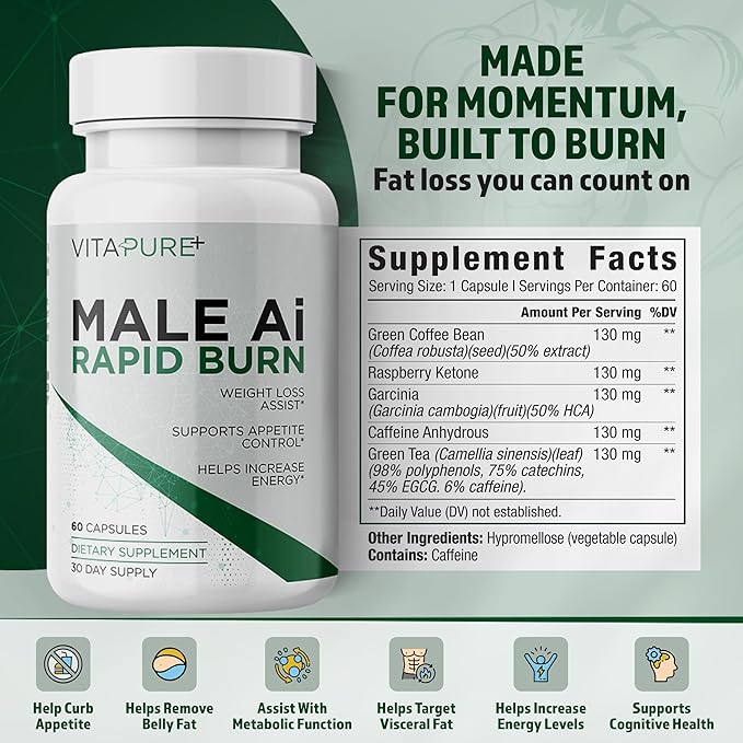 Male Ai Rapid Fat Burner for Men | Supports GLP-1 Pathway Function for Weight Loss | Appetite Suppressant, Energy Booster, Diet Pills | 3rd Party Tested Formula - 60 Capsules