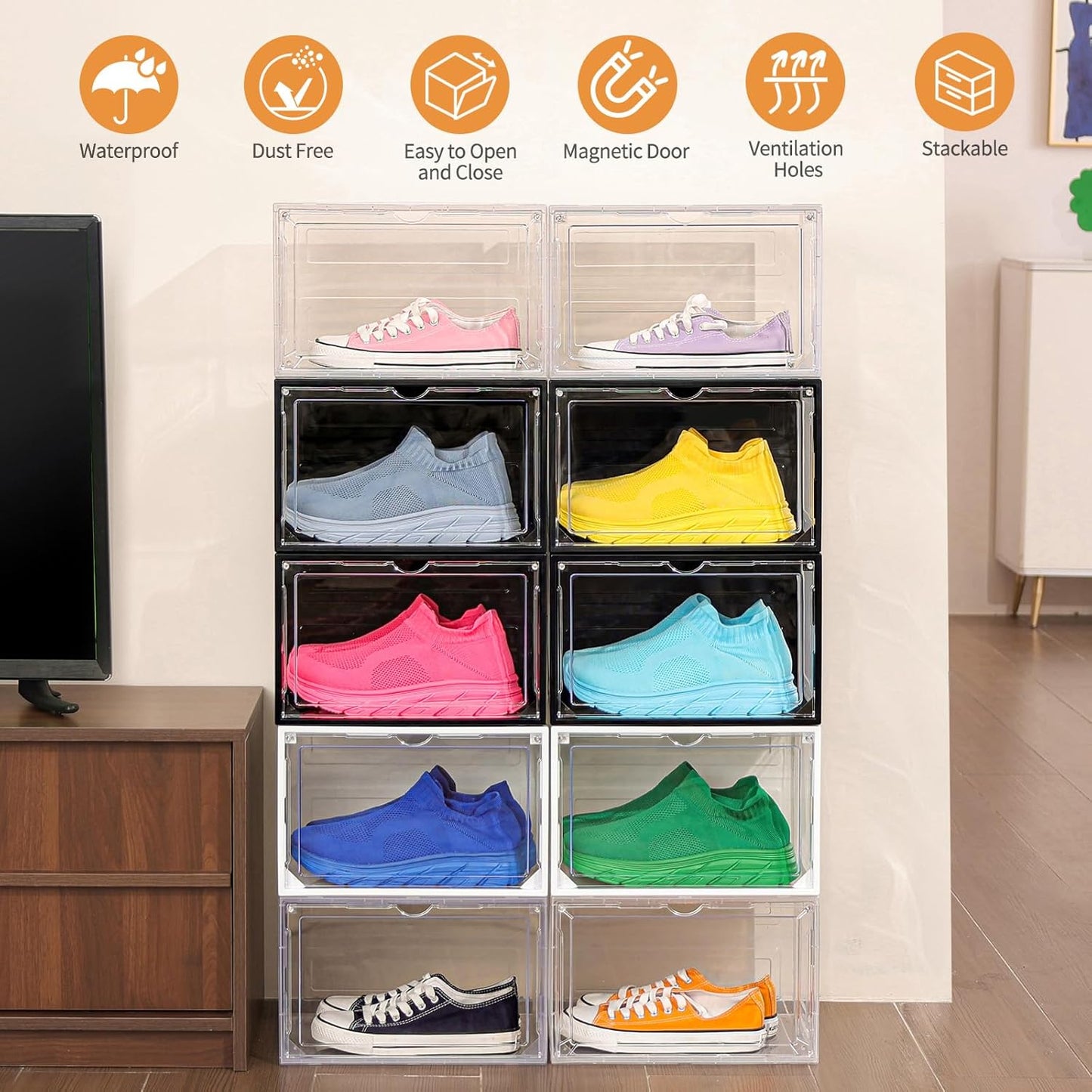 12 Pack Clear Shoe Boxes Stackable,Large Shoe Storage Organizer with Magnetic Door,Drop Side Shoe Containers for Entryway,Sneaker Storage Fit up to US Size 12 for Men/Women