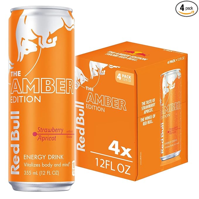 Red Bull Amber Edition Energy Drink, Strawberry Apricot, 114mg Caffeine, 12 fl oz, Pack of 4 Cans