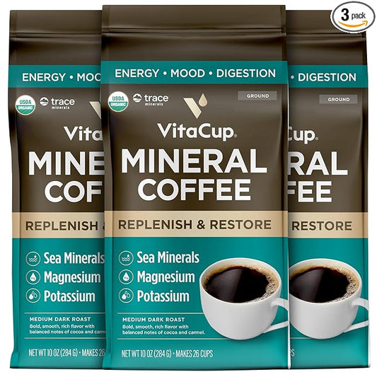 VitaCup Mineral Coffee with Trace Minerals, Hydrate, Replenish & Restore w/All Natural Sea Minerals, Electrolytes, Organic Coffee, Single Origin, Medium Dark Roast, Ground Coffee, 3 Bags 10oz Each