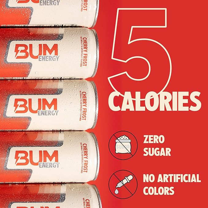 BUM Sugar-Free Energy Drink, Cherry Frost - Lightly Carbonated & No Artificial Colors, Natural Caffeine & Citicoline for Energy & Focus, Brain Boost & Workout Sports Beverage - 12 oz, Pack of 12