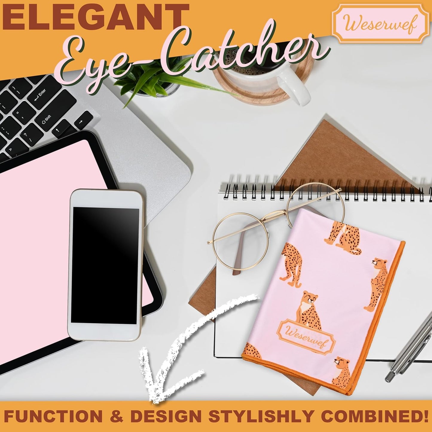 WESERWEF Design Microfiber Glasses Cleaning Cloth – Premium Cleaning Cloth for Eyeglasses, Screens, Tablets, Cameras & Lenses, 12" x 12", Ultra-Soft & Scratch-Free (Leo Pink)