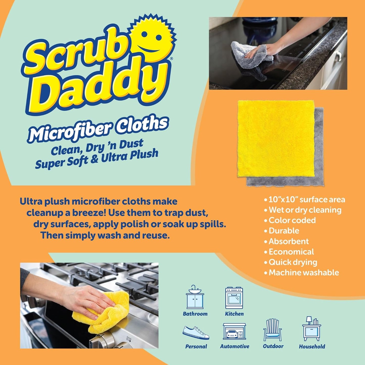 Scrub Daddy 10-Piece Microfiber Towel Set - Gentle Microfiber Cleaning Cloths - Replace Wash Cloths & Cleaning Rags with Lint Free Cloth - Streak-Free Shine on Glass, Cars & More (10 Pack)