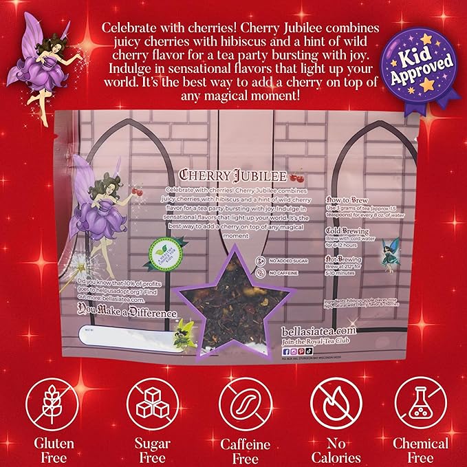 Bellasia Tea Cherry Jubilee for Kids Using Real Fruit Pieces - Caffeine Free Herbal Tea with Real Ingredients & Balanced Flavor- Add Loose Leaf Tea to Your Child’s Routine for A Fun & Tasty Drink. 20-25 Cups