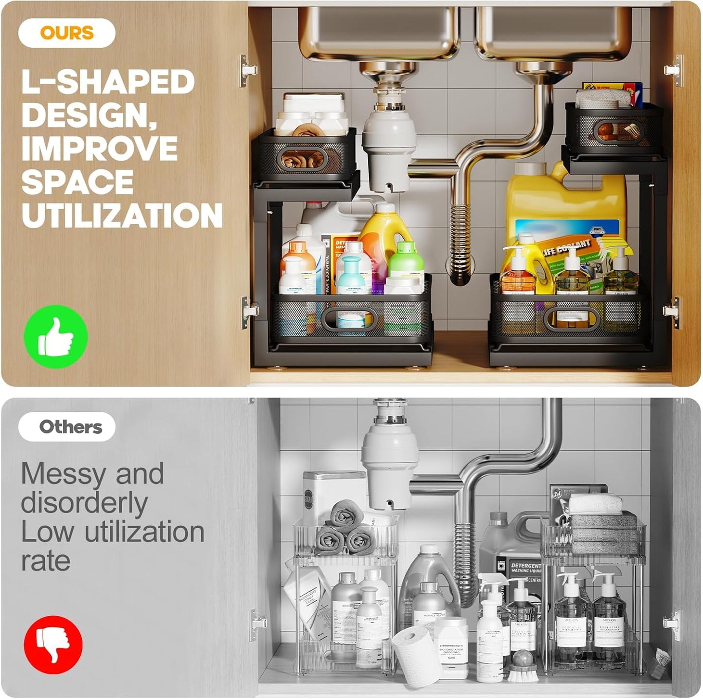 1-Pack Under Sink Storage Organizer with 2-Tier Slide Out Drawer, Sophisticated Mesh Pull Out Shelf for Kitchen & Bathroom, Fits Small Items, Upgraded Arched Track for Smooth Gliding-Black