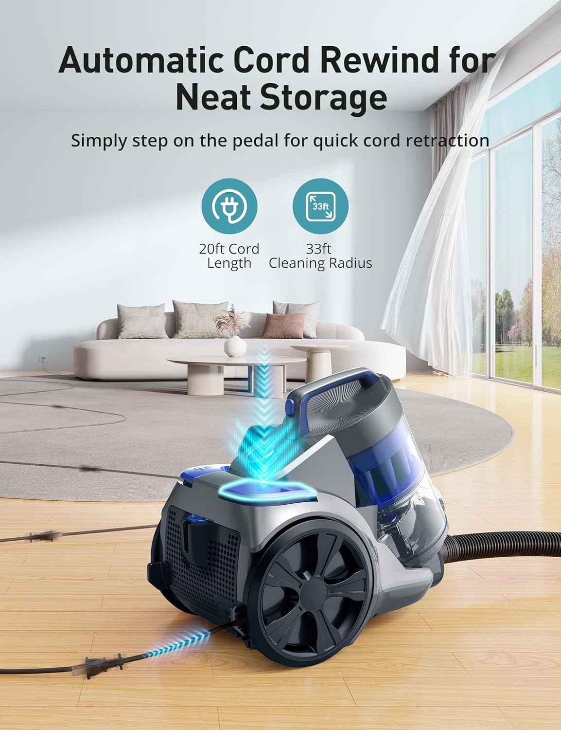 1700W Canister Vacuum Cleaner, 32Kpa Bagless Vacuum Cleaner, Multi-Cyclonic Filtration, 2 Anti-Allergen HEPA Filters, 3.5QT Dust Cup, 4 Tools, Corded Vacuum for Hard Floor, Pet Hair, Navy Blue