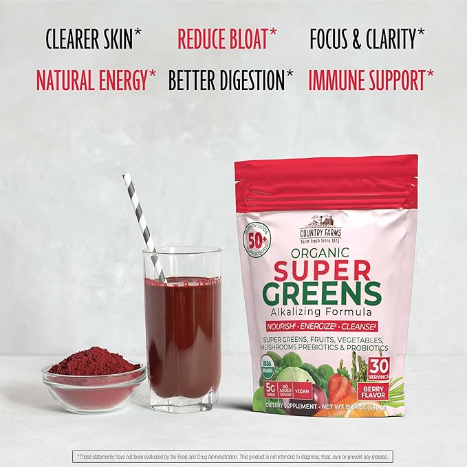 Country Farms Super Greens Berry Flavor, 50 Organic Super Foods, USDA Organic Drink Mix (Wheat Grass, Spirulina, Chlorella) Mushrooms & Probiotics, with Fiber, Gut Health, Natural Energy, 30 Servings