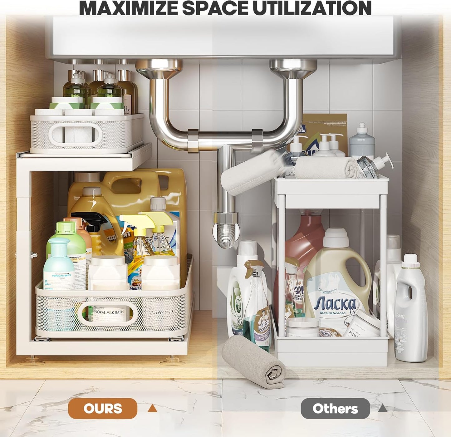 2-Pack 21.3 IN Depth Under Sink Organizer With Next-Gen Ball-Bearing Slides,Sophisticated Mesh 2-Tier Pull Out Shelf for Kitchen & Bathroom,Fits Small Items-Gun Gray