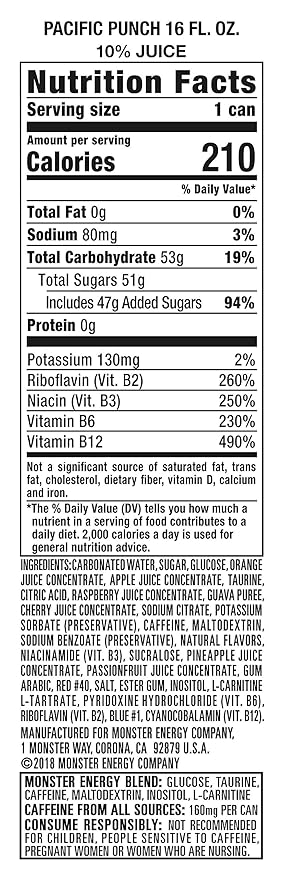 Monster Energy Juice Monster Pacific Punch, Energy + Juice, Energy Drink, 16 Ounce (Pack of 15)