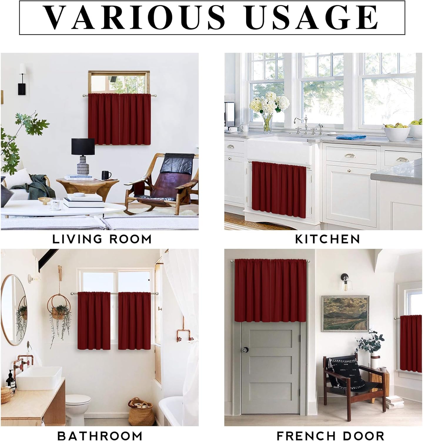 RYB HOME Short Curtains for Bathroom - Half Window Kitchen Curtains, Insulated Drapes Blackout Panels for Bedroom/Living Room, W 29 x L 24 inches Each Panel, Burgundy Red, 2 Panels