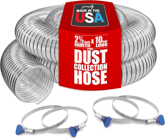 PVC Dust Collection Hose w/4 Thumbscrew Clamps, Puncture Resistant, Carbon Steel Wire, Clear Flexible PVC Dust Collector Hose, Proudly Made in USA (2 1/2" x 10')