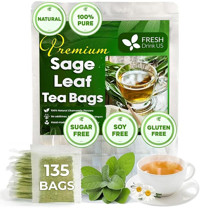 FreshDrinkUS Premium 135 Sage Leaf Tea Bags, 100% Natural & Pure. Loose Leaf Sage Herbal Tea. Made with Natural Material Tea Bags. No Sugar, No Caffeine, No Gluten, Vegan