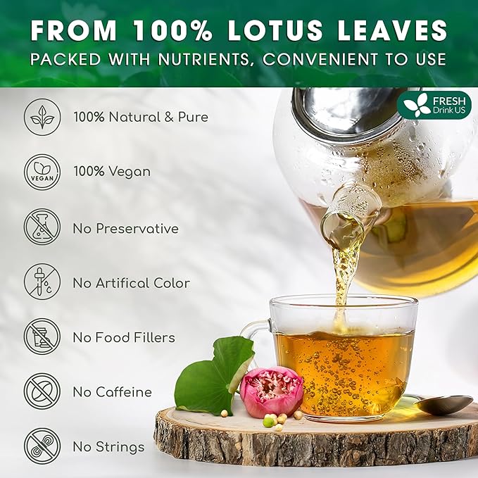 FreshDrinkUS, Premium 75 Lotus Leaf Tea Bags, 100% Natural & Pure from Lotus Leaves. Loose Leaf Lotus Herbal Tea. Made with Eco-Conscious Tea Bags. No Sugar, No Caffeine, No Gluten, Vegan.