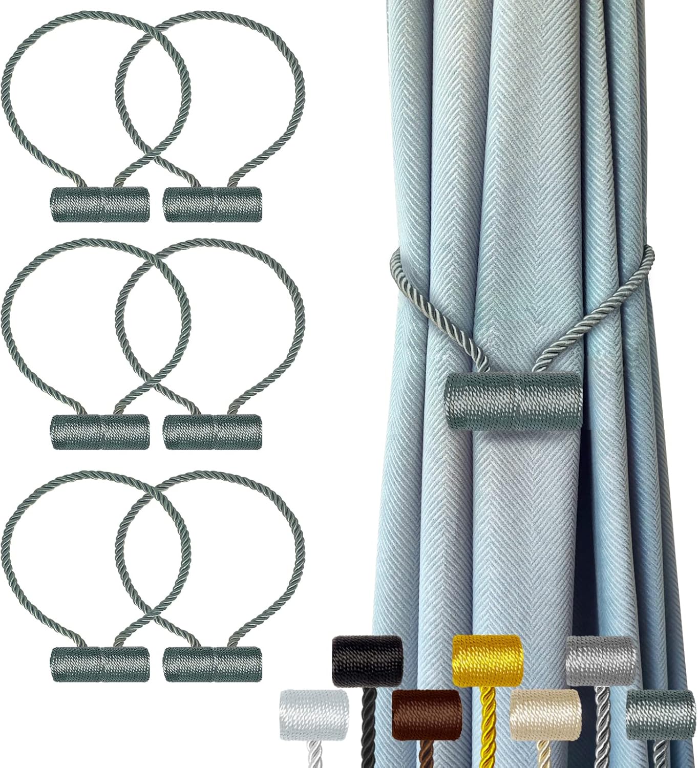 Hion Magnetic Curtain Tiebacks Gray Blue 6 Pack, Curtain Tiebacks Buckles Holdbacks Holders Hooks Clip for Home Bedroom Office Decorative Thick or Thin Curtain