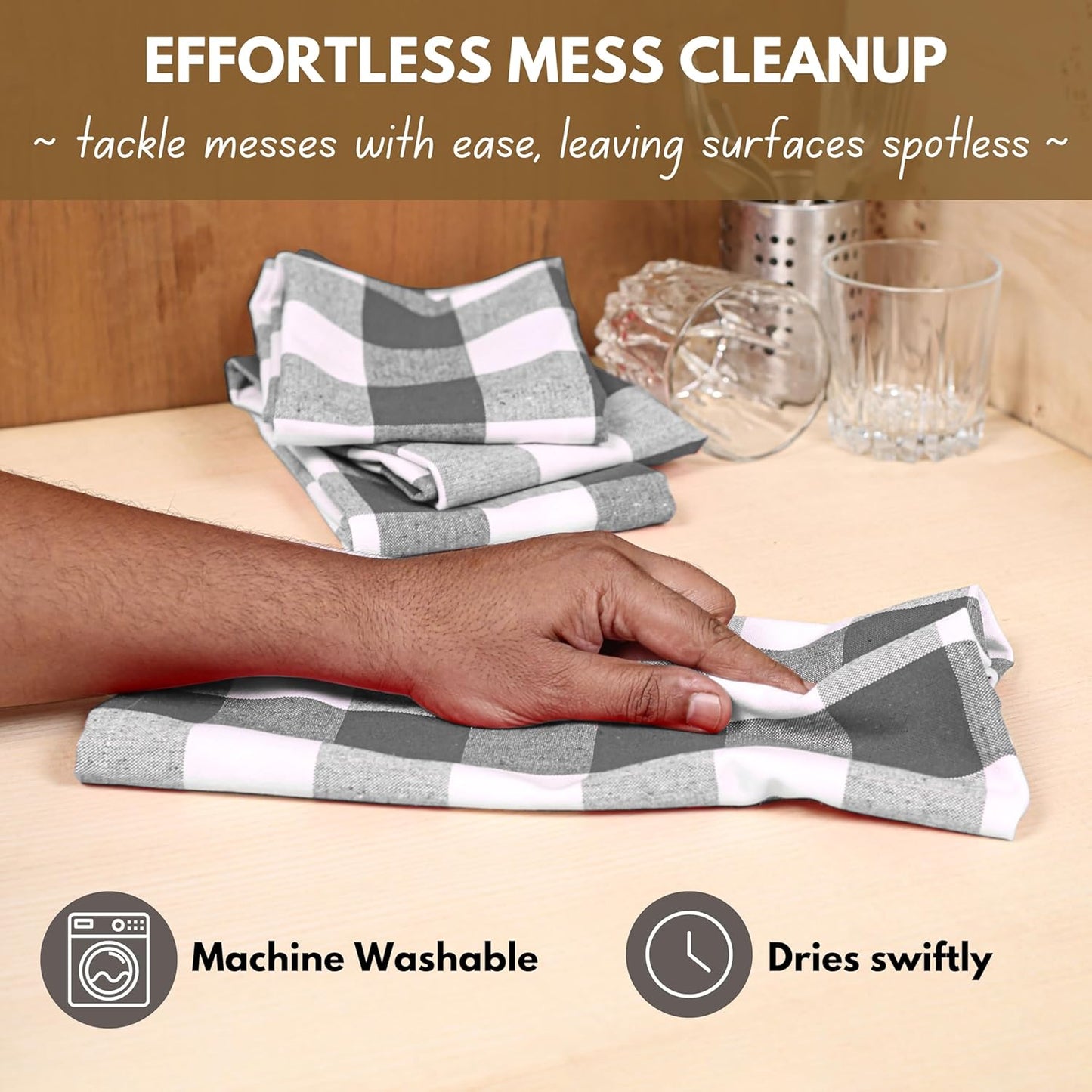 Native Fab 4-Pack Kitchen Towel with Hanging Loop 16x26 inches, Cotton Buffalo Check Kitchen Towels for Cleaning Drying, Washcloths Soft & Absorbent Cloth Rags, Bar Towel, Dish Cloth, Grey