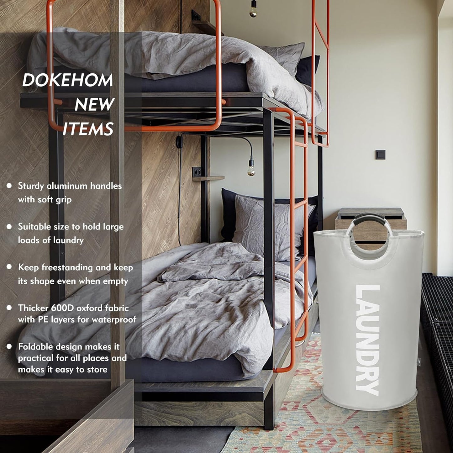 DOKEHOM 90L Large Laundry Basket, Collapsible Laundry Bag, Freestanding Tall Clothes Hamper, Foldable Washing Bin (Grey)