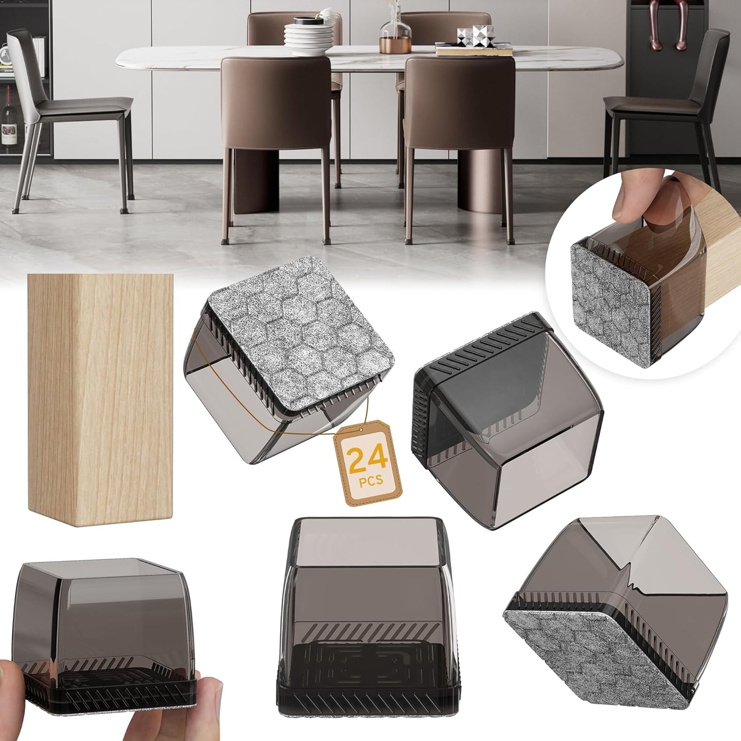 24PCS Square Chair Leg Floor Protectors, Furniture Sliders, Chair Leg Protectors for Hardwood Floors, Non-Slip Felt Furniture Pads, Silicone Cap Covers to Protect Floors, (Fit 1.5" - 2")