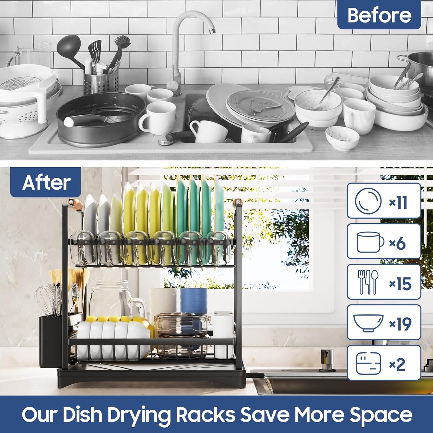 2-Tier Large Dish Drying Rack for Kitchen Counter with Drainboard and Cutlery Holder, 2 Tier Dish Drying Rack, Black,16.54" D x 11.81" W x 17.71" H