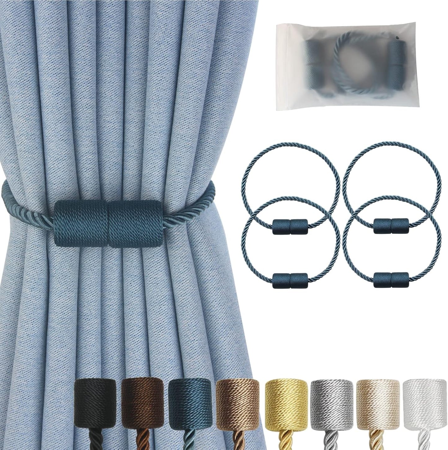 Magnetic Curtain Tiebacks 4 Pack Blue Curtain Rope Tieback Curtain Holders for Drapes Modern Tie Backs Decorative Curtain Holdbacks