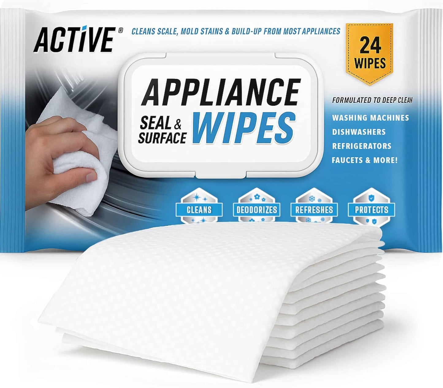 ACTIVE Home Appliance Surface Cleaner Wipes Heavy Duty Wipe for Cleaning Washing Machine, Dryer Stainless Steel Refrigerator, Glass Cooktop, Microwave, Dishwasher, Counter, Tile - 24 Large Wipes