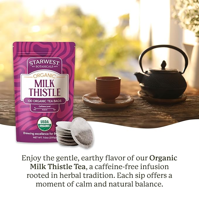 Starwest Botanicals Organic Milk Thistle Seed Tea - Caffeine Free Herbal Tea, Promotes Calm, USDA Organic Milk Thistle Seed, String Free Sachets, Non GMO - Bulk Pack, 100 Tea Bags