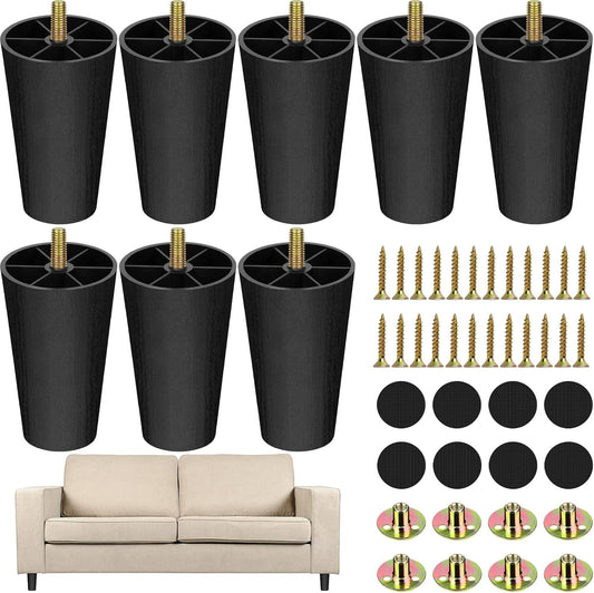 TURSTIN 8 Pack 4 Inch Plastic Furniture Legs with M8 T-Nuts Screws Tapered Sofa Couch and Chair Legs Replacement Furniture Legs for DIY Projects Sofas Coffee Tables Dressers Beds