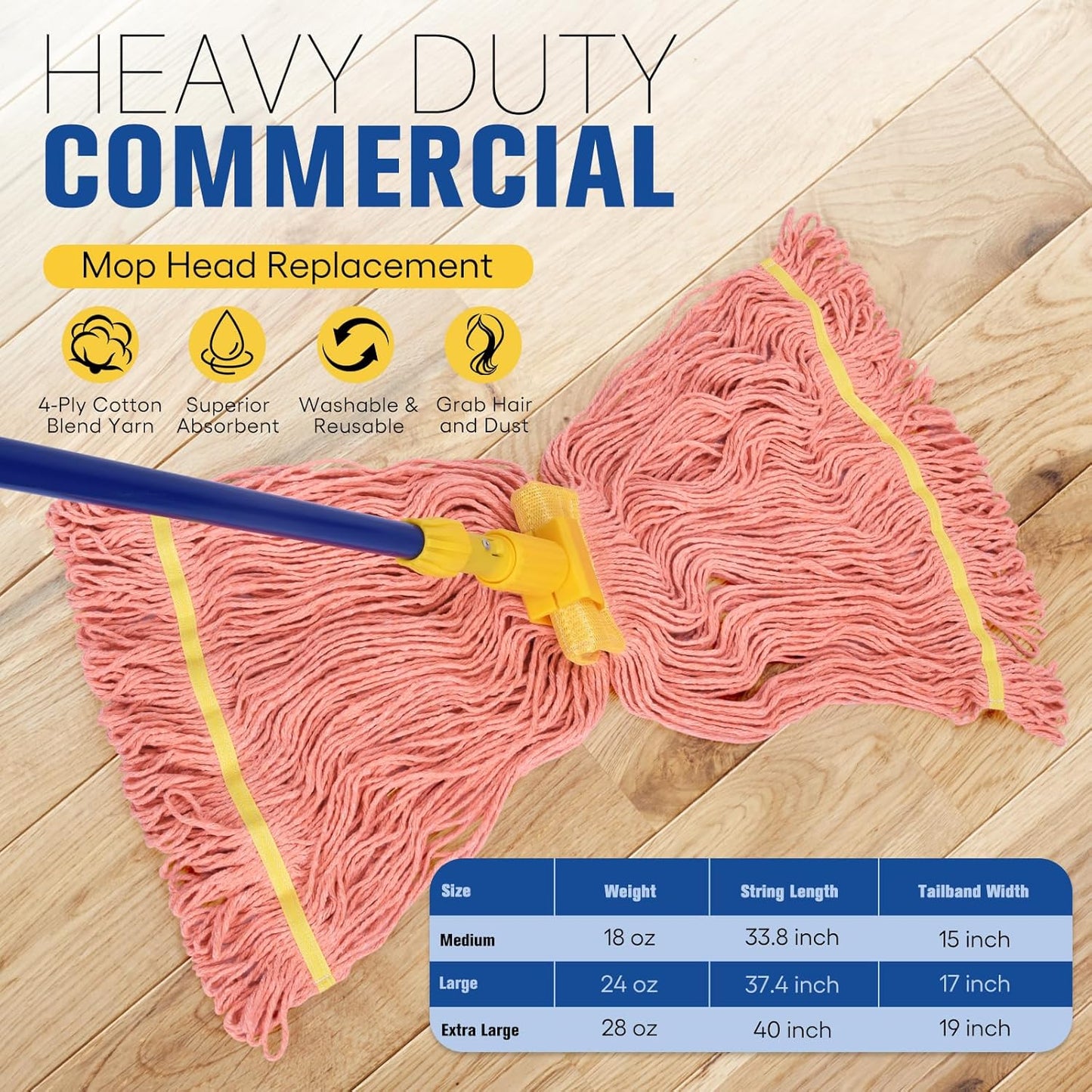 Matthew Cleaning Commercial Mop Head Replacement, 5 Inch Wide Headband, Looped End Cotton Blend String Wet Mops for Floor Cleaning, 24 oz Large, 3-Pack Orange